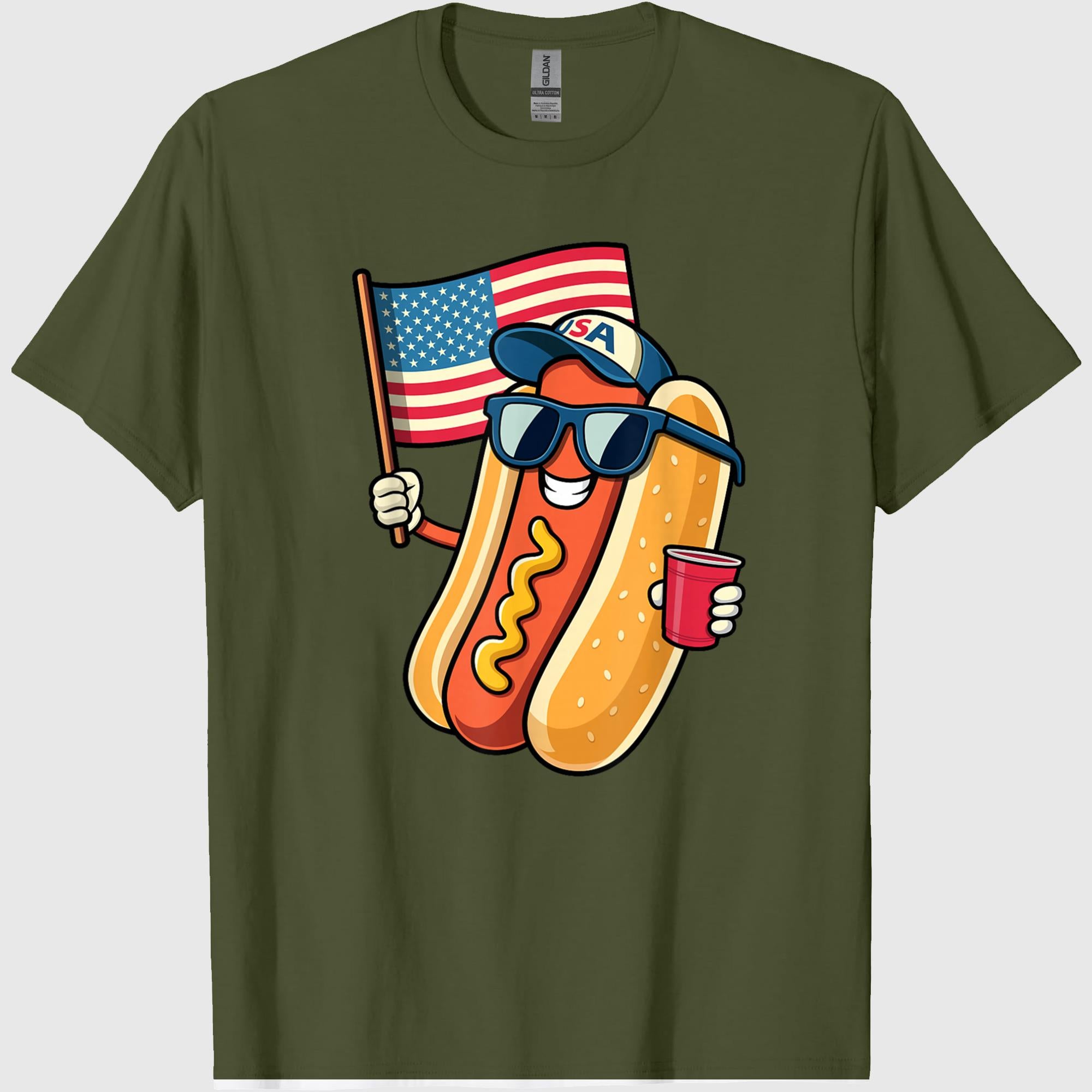 4th of July Hotdog Funny Fourth of July Patriotic USA Flag T-Shirt