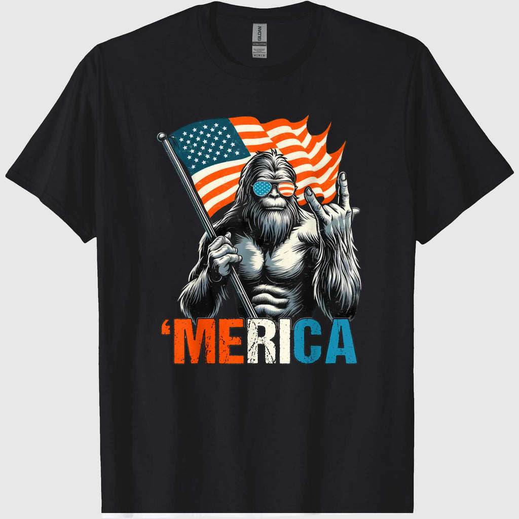 Bigfoot Merica Rock American Flag Patriotic 4th of July T-Shirt