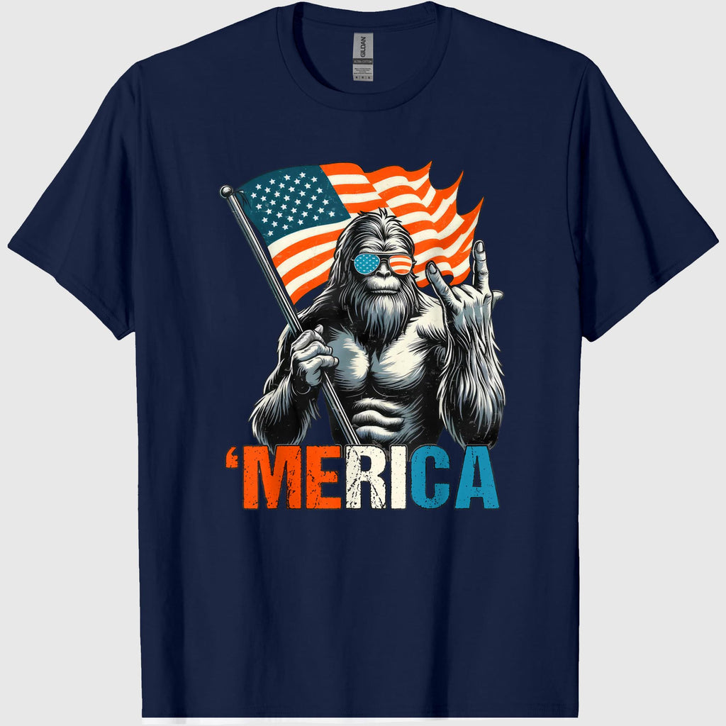 Bigfoot Merica Rock American Flag Patriotic 4th of July T-Shirt