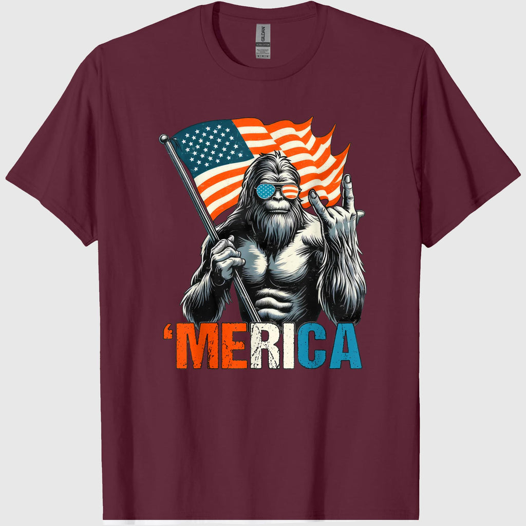 Bigfoot Merica Rock American Flag Patriotic 4th of July T-Shirt