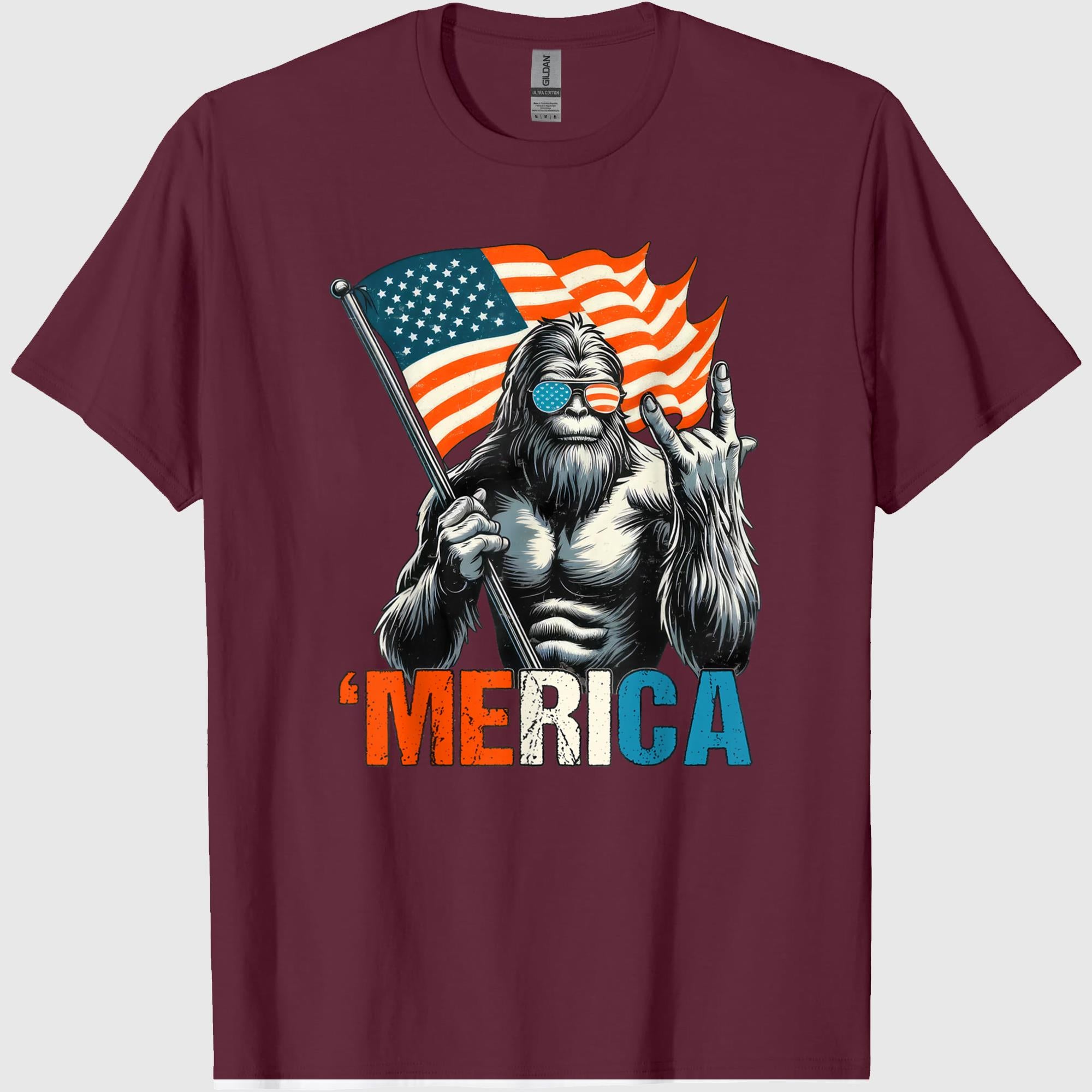 Bigfoot Merica Rock American Flag Patriotic 4th of July T-Shirt