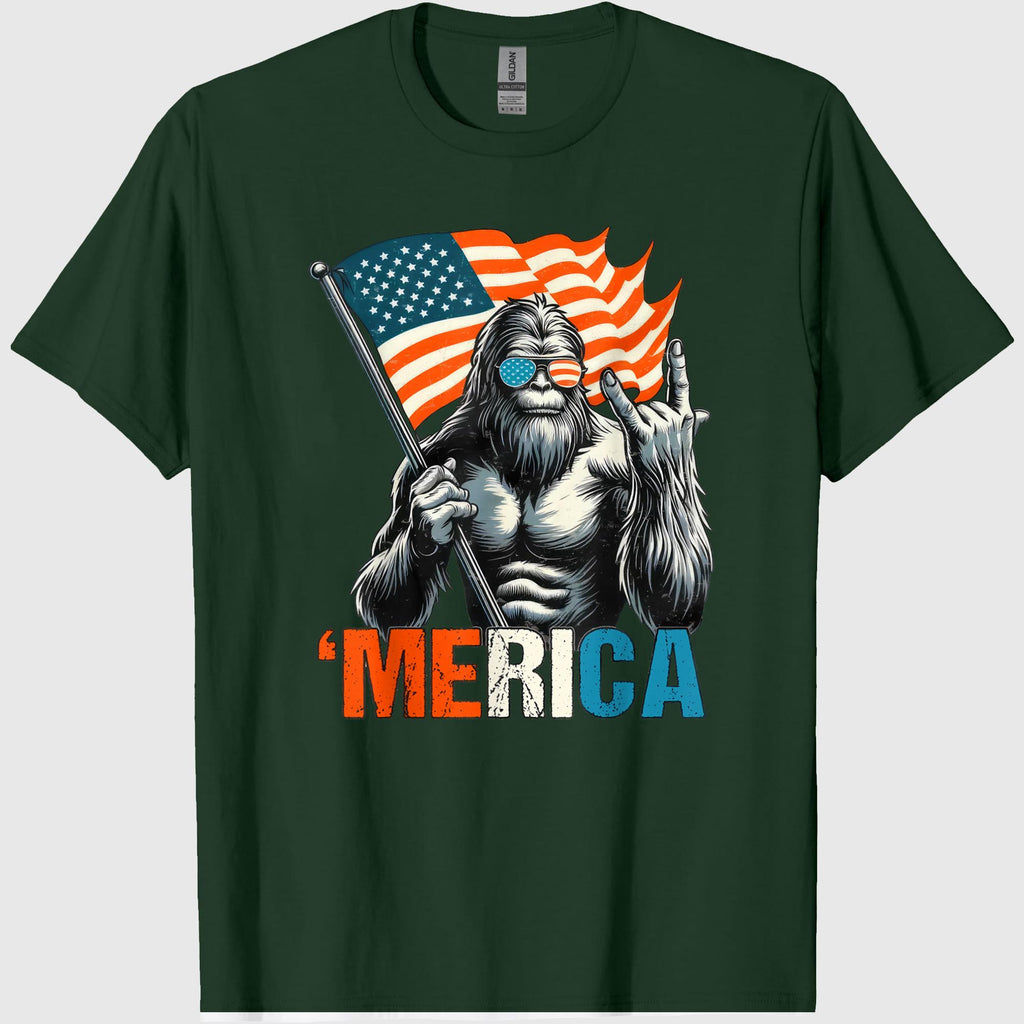 Bigfoot Merica Rock American Flag Patriotic 4th of July T-Shirt