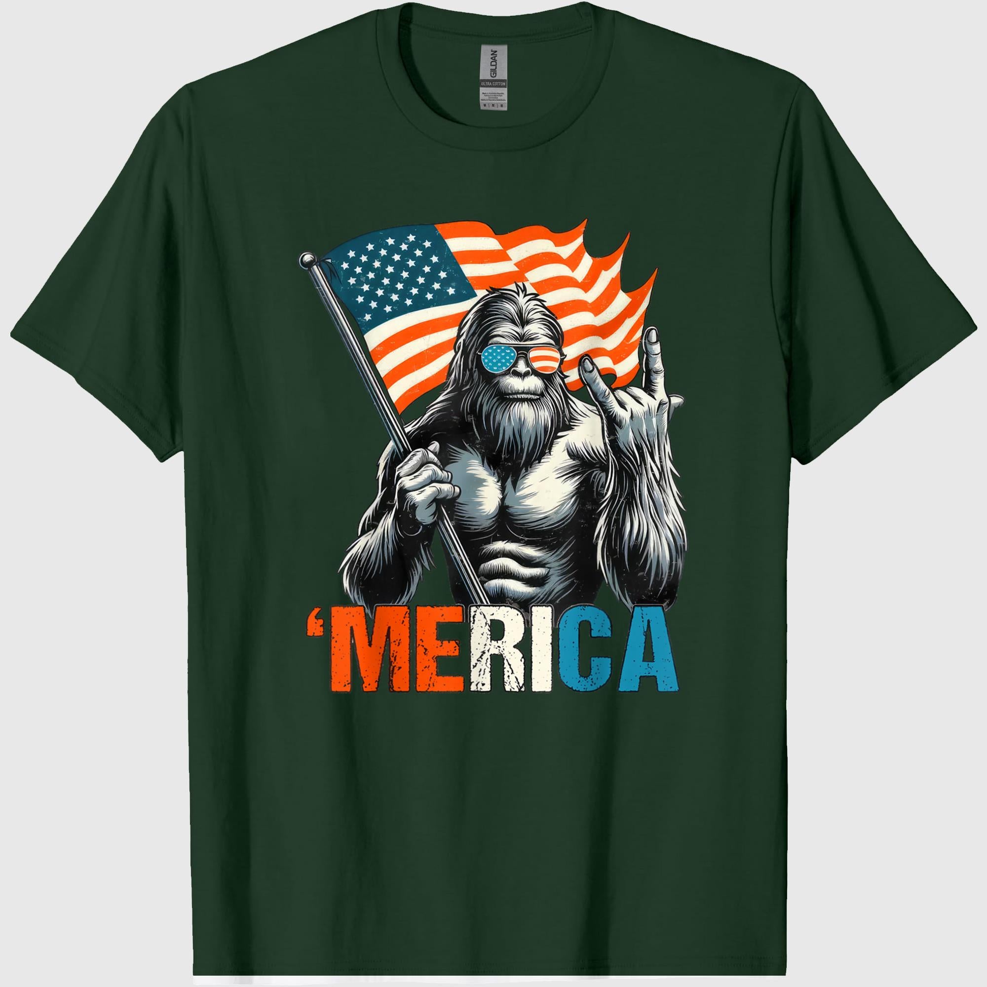 Bigfoot Merica Rock American Flag Patriotic 4th of July T-Shirt