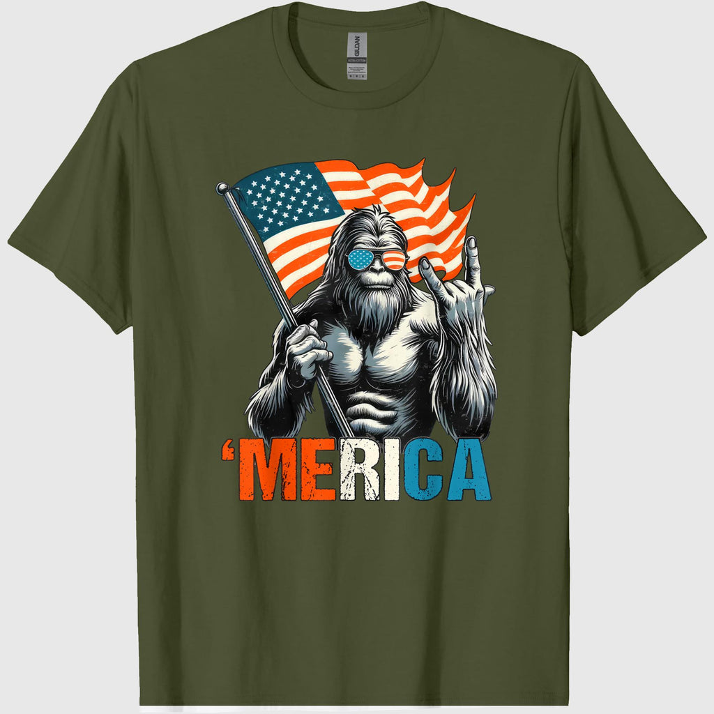 Bigfoot Merica Rock American Flag Patriotic 4th of July T-Shirt