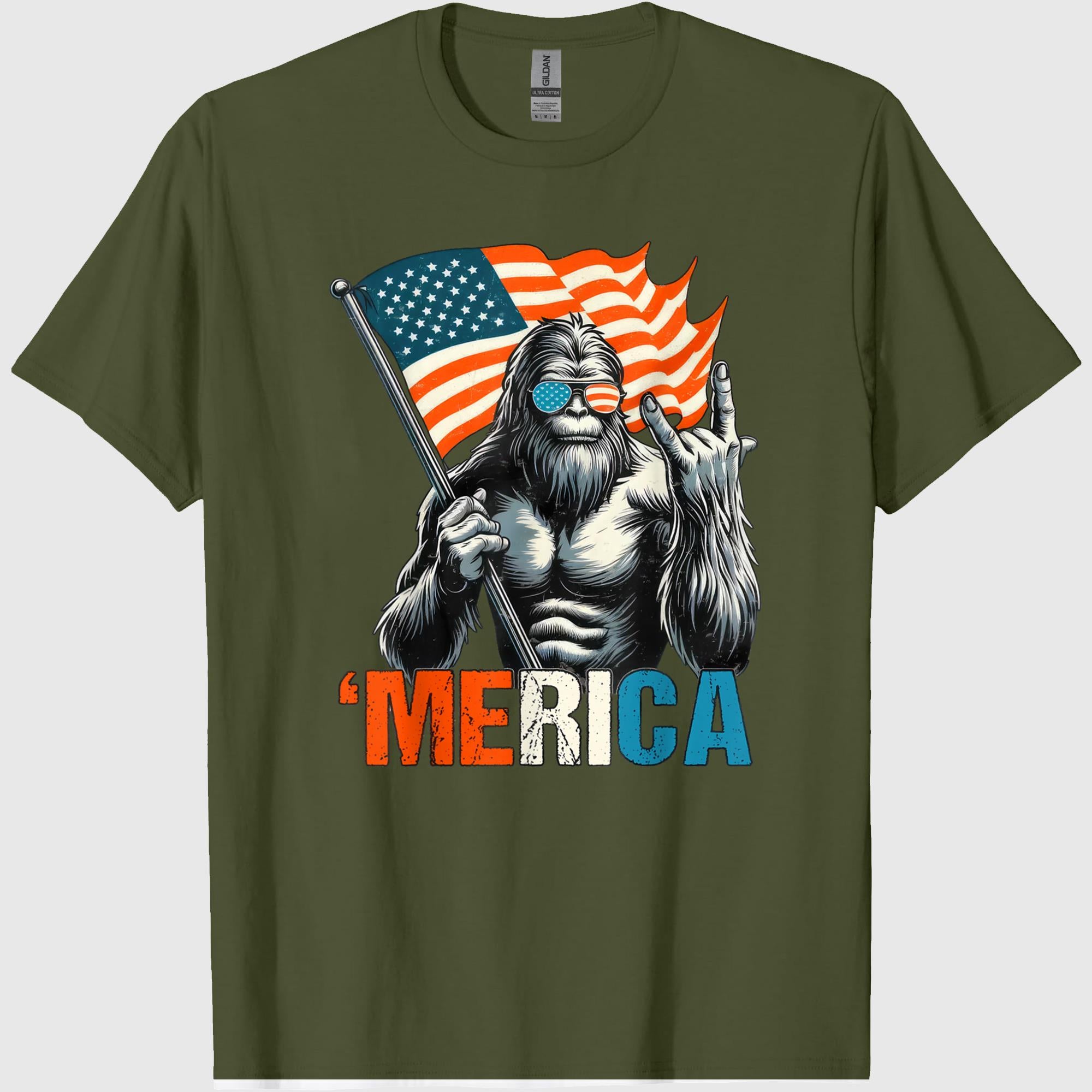 Bigfoot Merica Rock American Flag Patriotic 4th of July T-Shirt