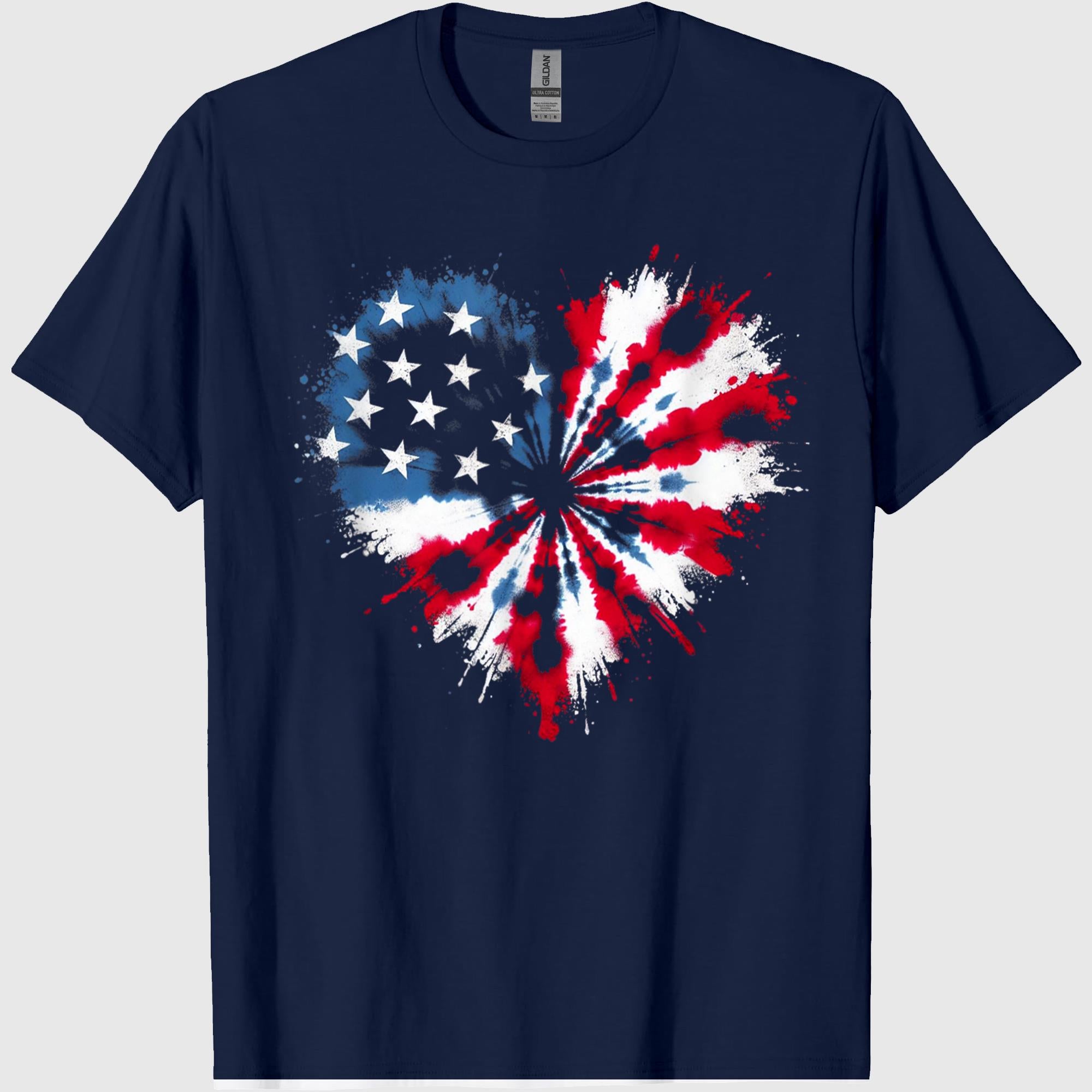 Tie dye Heart USA Flag Colors White, Red & Blue 4th of July T-Shirt