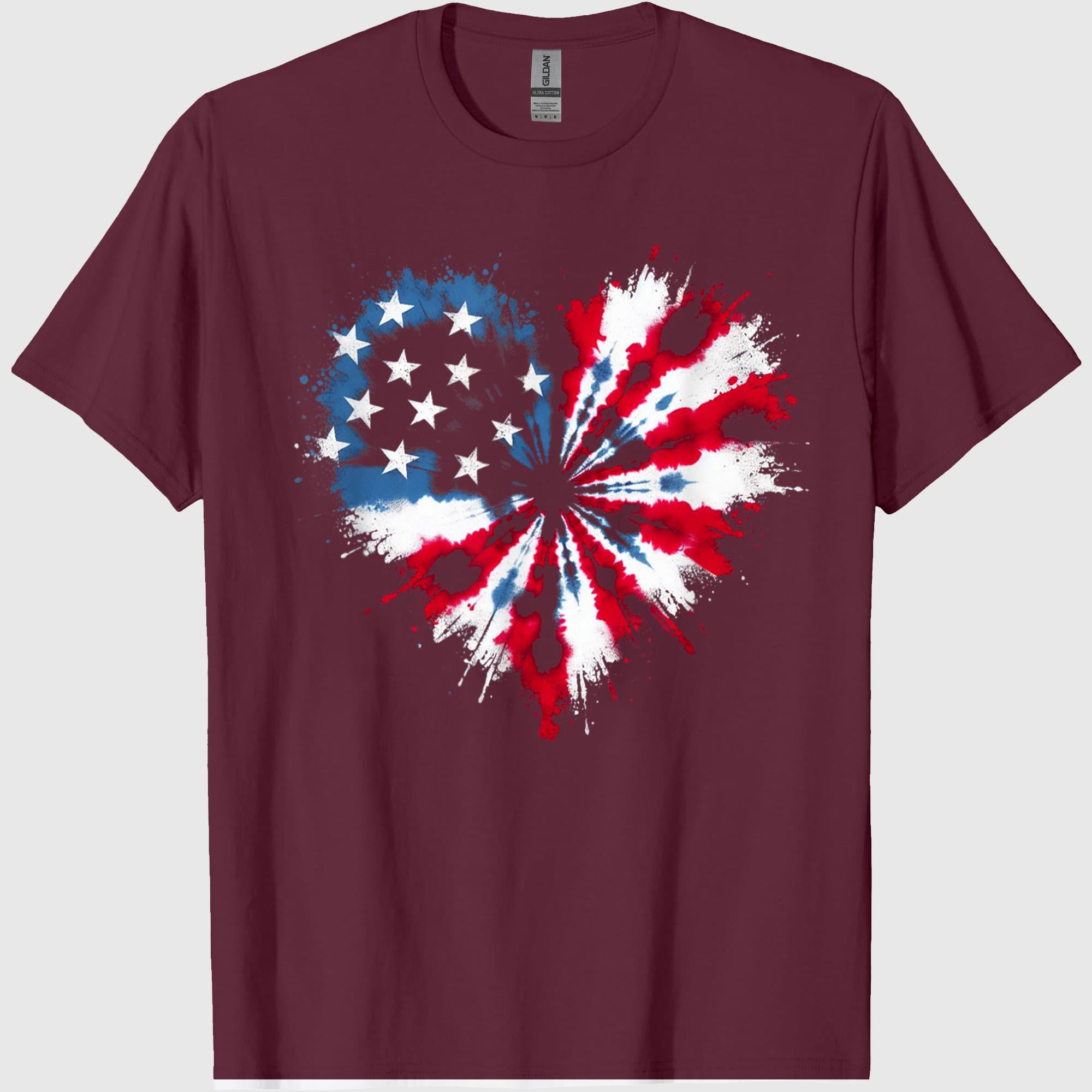 Tie dye Heart USA Flag Colors White, Red & Blue 4th of July T-Shirt