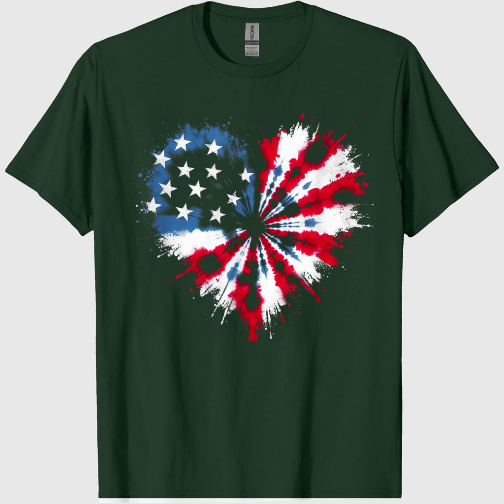 Tie dye Heart USA Flag Colors White, Red & Blue 4th of July T-Shirt