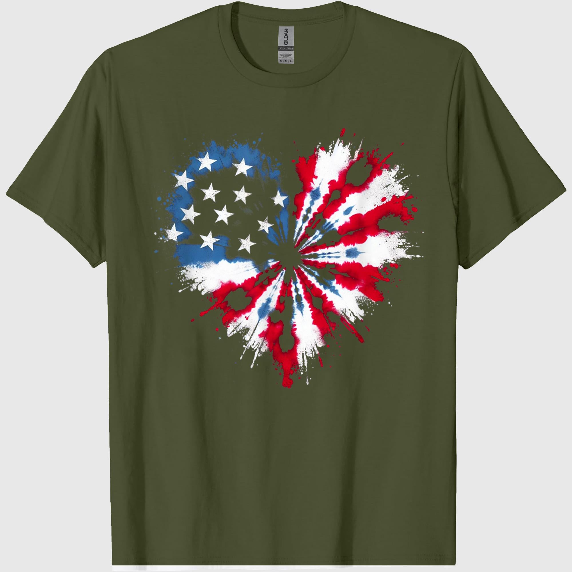 Tie dye Heart USA Flag Colors White, Red & Blue 4th of July T-Shirt